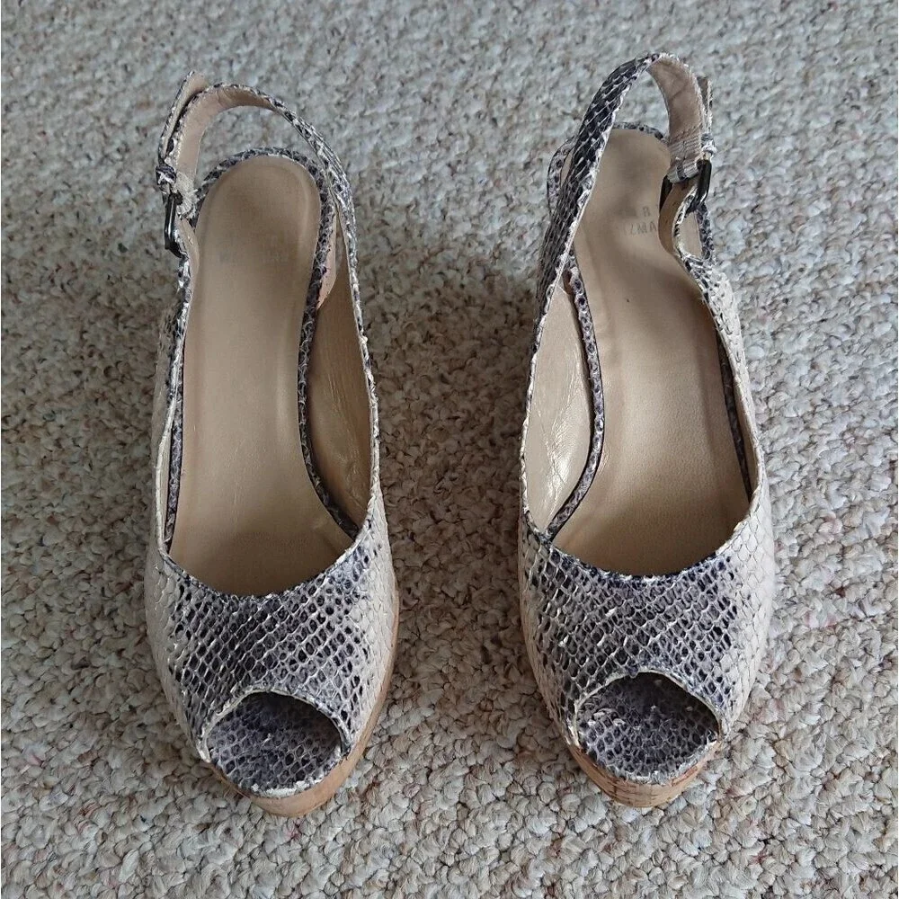 Stuart Weitzman Jean Snake-Embossed Leather Slingback Wedge Sandal Size 8M